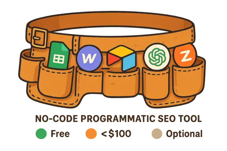 No-Code Programmatic SEO Toolbelt Diagram: Tools like Google Sheets, Webflow, and Zapier for SEO automation.